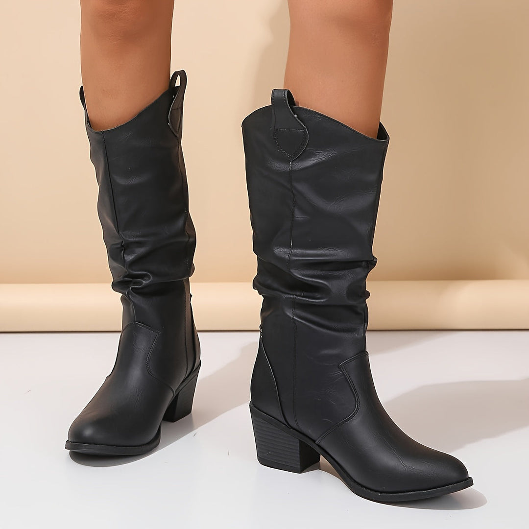 Damen Cowboystiefel für breite Waden | Kniehohe Westernstiefel aus Kunstleder in Braun mit weitem Schaft und flacher Sohle
