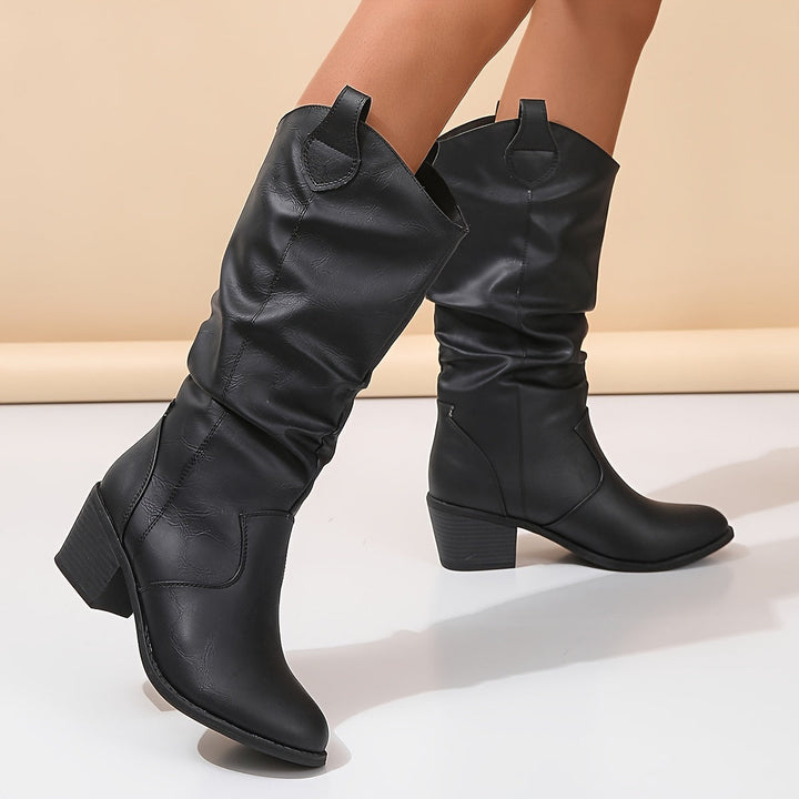 Damen Cowboystiefel für breite Waden | Kniehohe Westernstiefel aus Kunstleder in Braun mit weitem Schaft und flacher Sohle