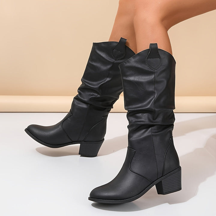 Damen Cowboystiefel für breite Waden | Kniehohe Westernstiefel aus Kunstleder in Braun mit weitem Schaft und flacher Sohle