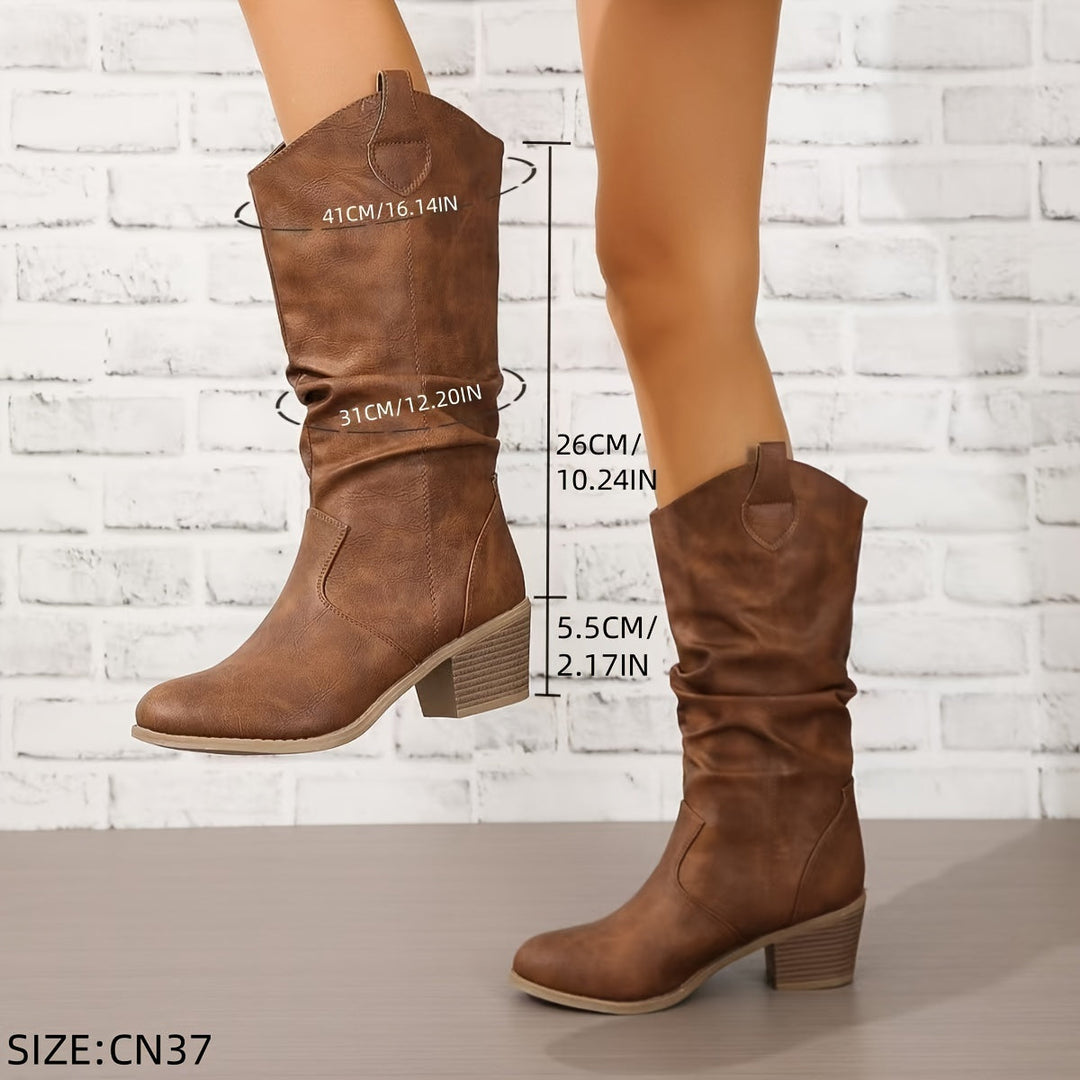 Damen Cowboystiefel für breite Waden | Kniehohe Westernstiefel aus Kunstleder in Braun mit weitem Schaft und flacher Sohle