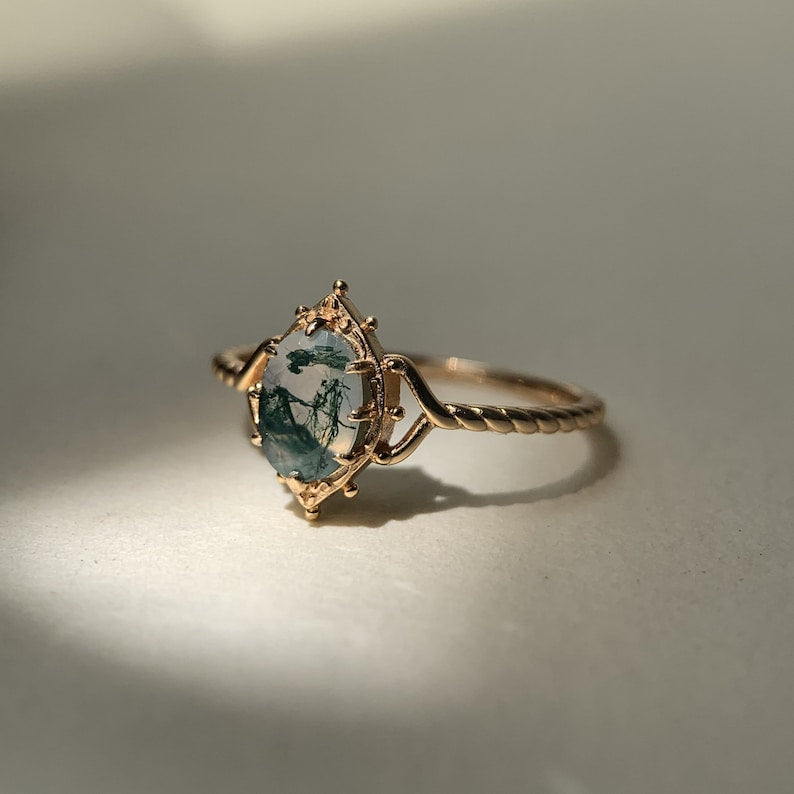 Ring | 925 Sterling Silber vergoldet | Natürlicher Moosachat | Handgefertigter Verlobungsring