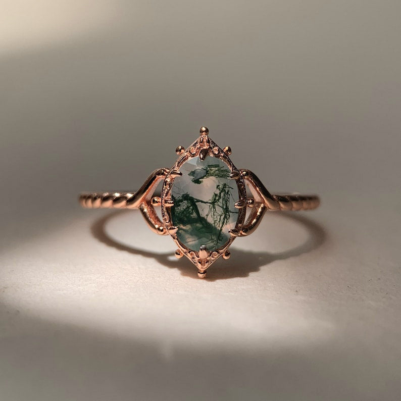 Ring | 925 Sterling Silber vergoldet | Natürlicher Moosachat | Handgefertigter Verlobungsring