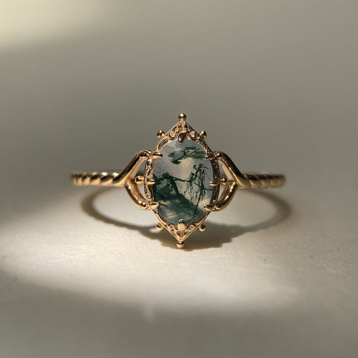 Ring | 925 Sterling Silber vergoldet | Natürlicher Moosachat | Handgefertigter Verlobungsring