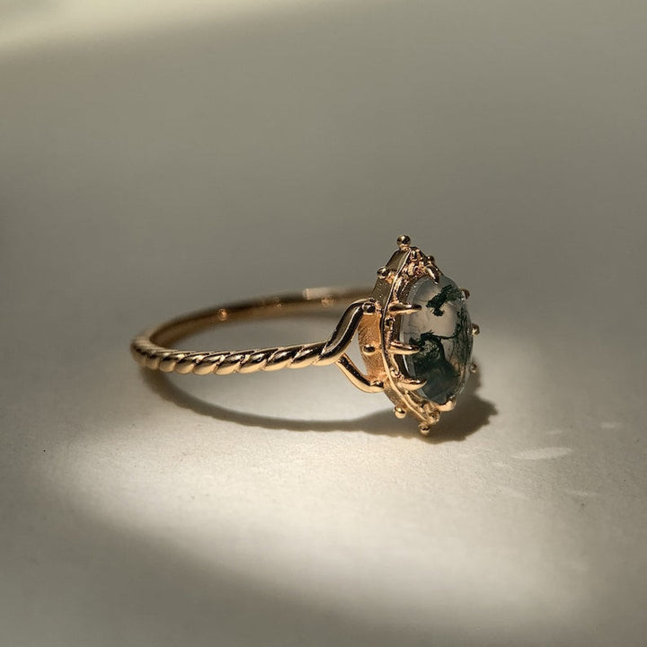 Ring | 925 Sterling Silber vergoldet | Natürlicher Moosachat | Handgefertigter Verlobungsring