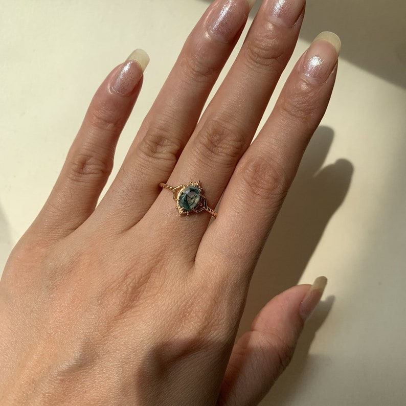 Ring | 925 Sterling Silber vergoldet | Natürlicher Moosachat | Handgefertigter Verlobungsring