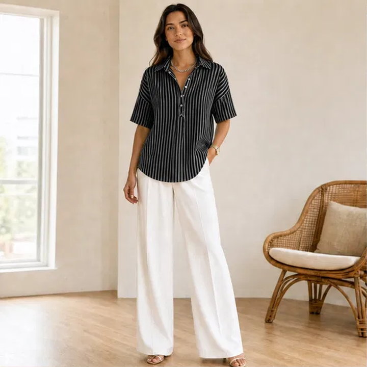 Damen Bluse | Gestreiftes Kurzarm-Oberteil mit V-Ausschnitt, Kragen und lockerer Passform für Alltag und Büro