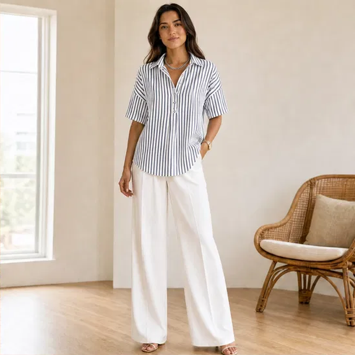 Damen Bluse | Gestreiftes Kurzarm-Oberteil mit V-Ausschnitt, Kragen und lockerer Passform für Alltag und Büro
