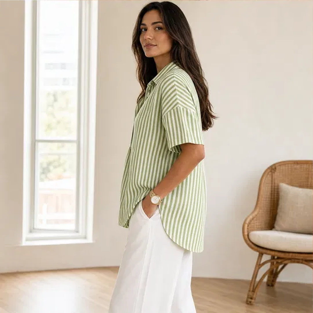 Damen Bluse | Gestreiftes Kurzarm-Oberteil mit V-Ausschnitt, Kragen und lockerer Passform für Alltag und Büro