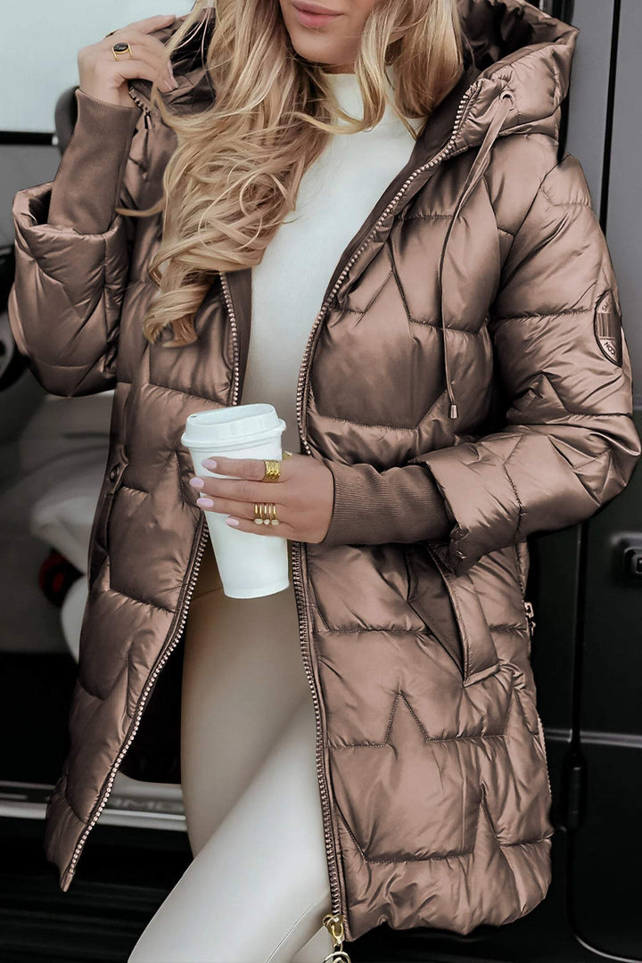 Damen Steppjacke lang mit Kapuze und Kordelzug | Winterjacke mit Reißverschluss und Seitentaschen für Herbst und Alltag