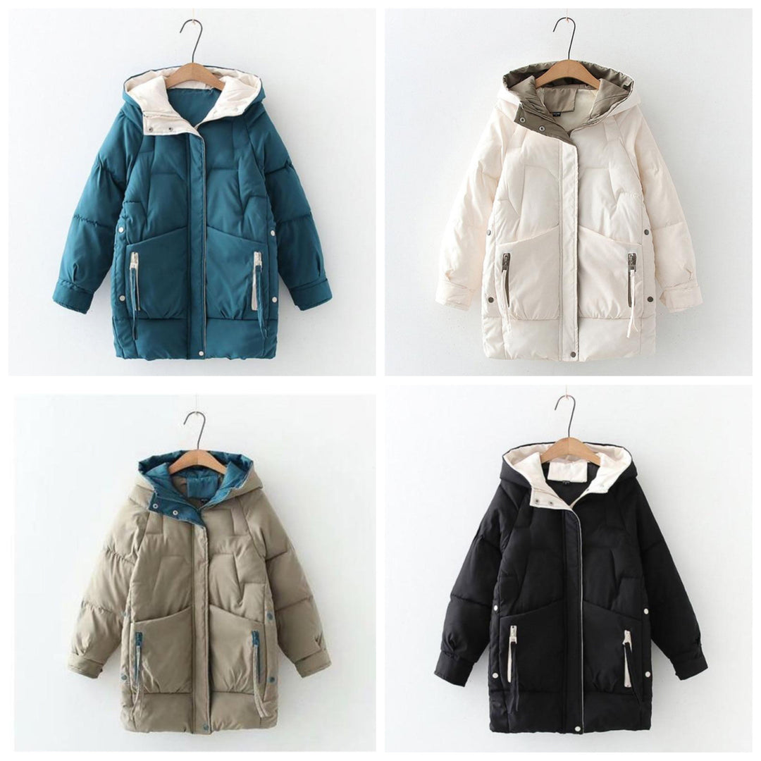 Damen Pufferjacke mit Kapuze | Hüftlange Steppjacke mit Rautensteppung, geradem Schnitt und asymmetrischem Design für Winter