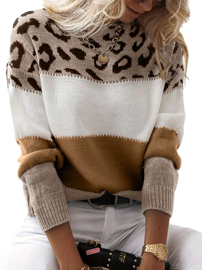 Damen Pullover mit Leopardenmuster | Oversize Strickpullover mit langen Ärmeln und lockerer Passform für Herbst und Winter