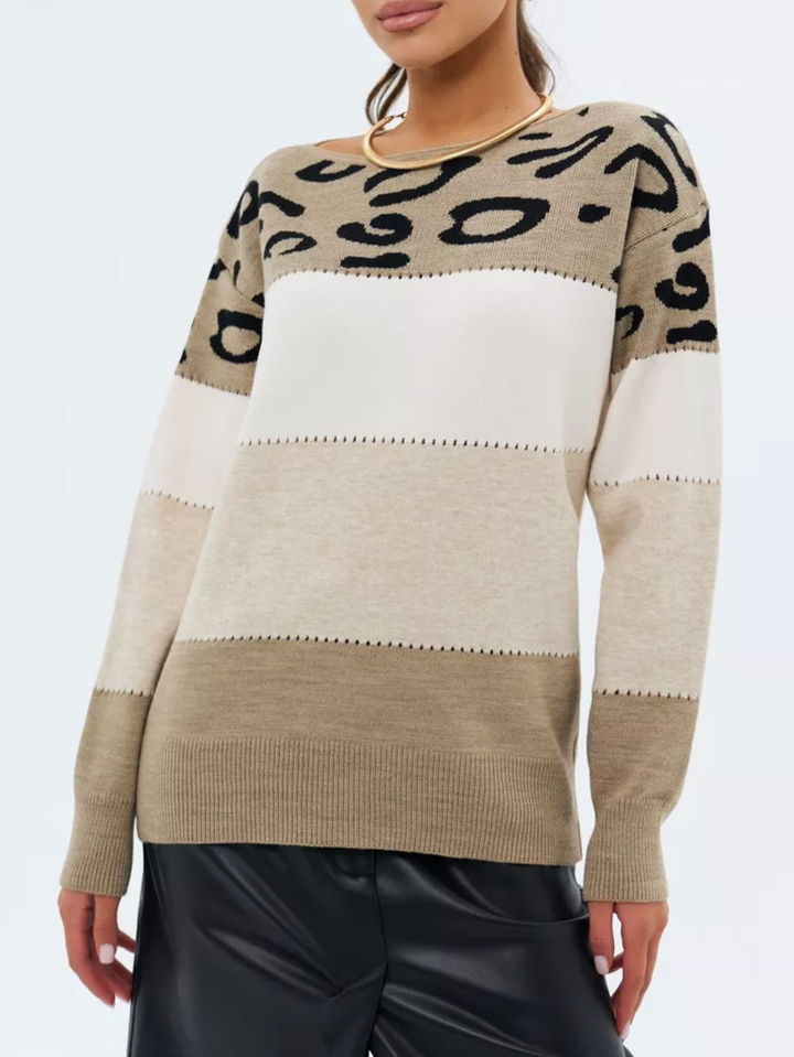 Damen Pullover mit Leopardenmuster | Oversize Strickpullover mit langen Ärmeln und lockerer Passform für Herbst und Winter