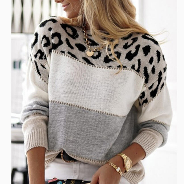 Damen Pullover mit Leopardenmuster | Oversize Strickpullover mit langen Ärmeln und lockerer Passform für Herbst und Winter