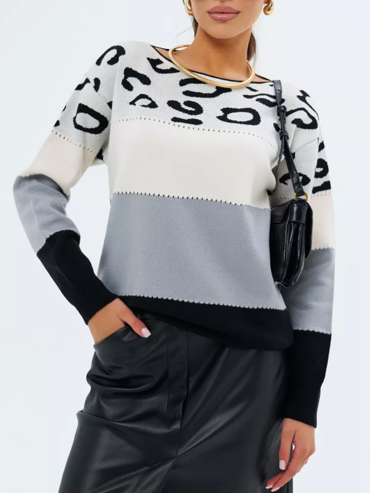 Damen Pullover mit Leopardenmuster | Oversize Strickpullover mit langen Ärmeln und lockerer Passform für Herbst und Winter