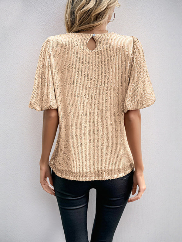 Damen Pailletten T-Shirt mit Puffärmeln | Einfarbiges Oberteil mit Rundhalsausschnitt, leicht elastischer Passform für Frühling und Sommer