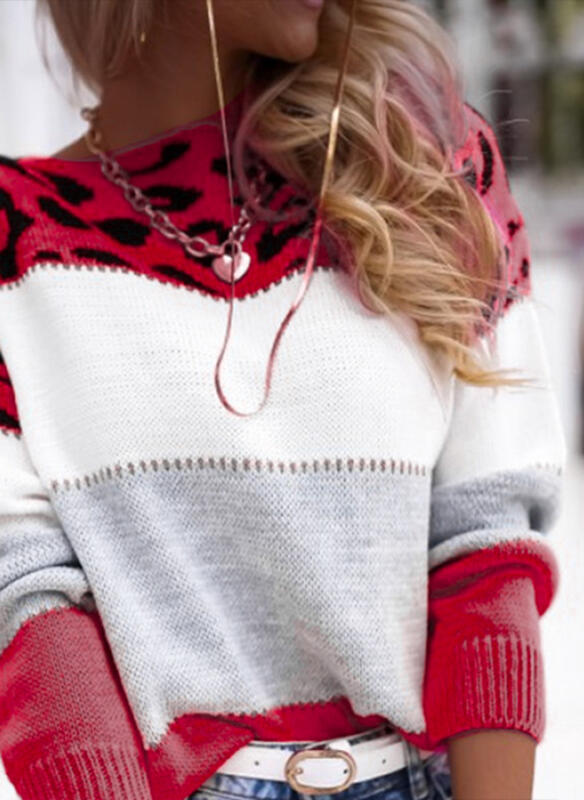 Damen Pullover mit Leopardenmuster | Oversize Strickpullover mit langen Ärmeln und lockerer Passform für Herbst und Winter