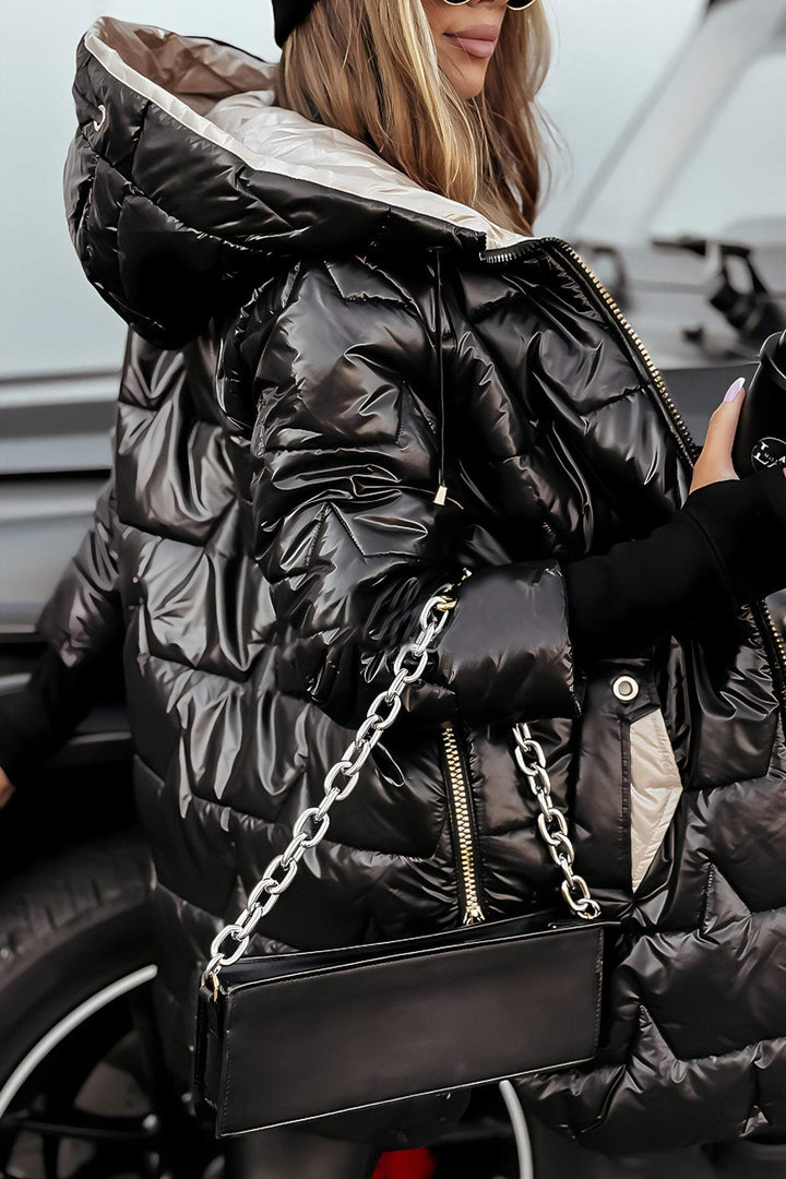 Damen Steppjacke lang mit Kapuze und Kordelzug | Winterjacke mit Reißverschluss und Seitentaschen für Herbst und Alltag