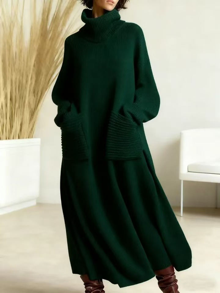 Damen Strickkleid | Langes Oversize-Kleid mit Rollkragen, weichem Strickgewebe und praktischen Taschen für Herbst und Winter