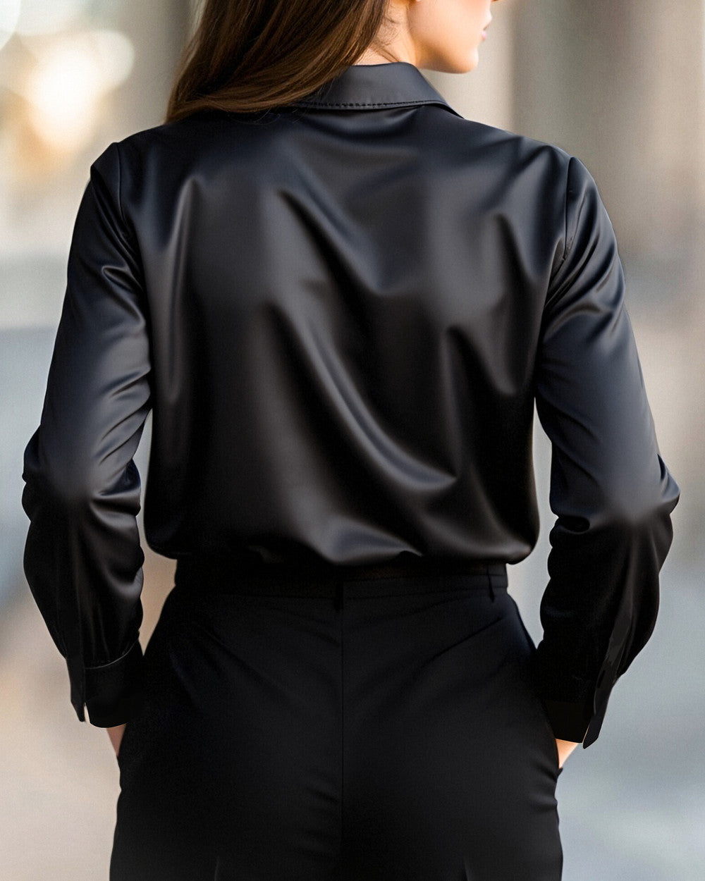 Damen Satinbluse Schwarz mit langen Ärmeln | Elegante Langarmbluse mit weich fließender Passform und sanftem Glanz für Büro und Abendmode