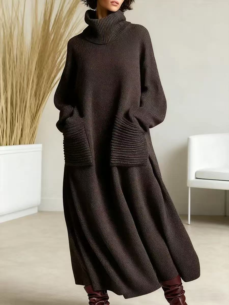 Damen Strickkleid | Langes Oversize-Kleid mit Rollkragen, weichem Strickgewebe und praktischen Taschen für Herbst und Winter