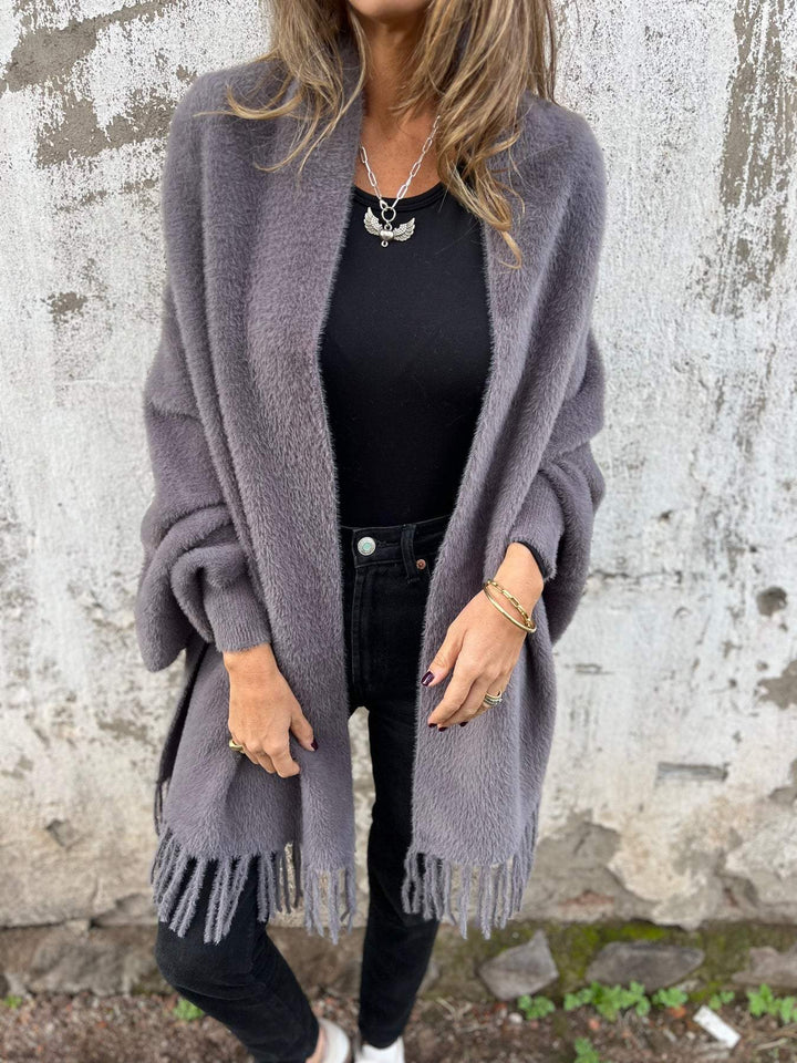 Damen lange Strickjacke mit offener Front und Fransen | Locker geschnittener Long-Cardigan mit langen Ärmeln für Herbst und Winter