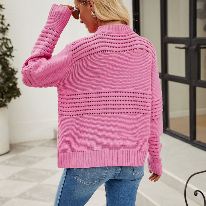 Damen Strickpullover mit Lochmuster | Leichter Pullover mit Rundhalsausschnitt und lockerer Passform für Frühling und Herbst