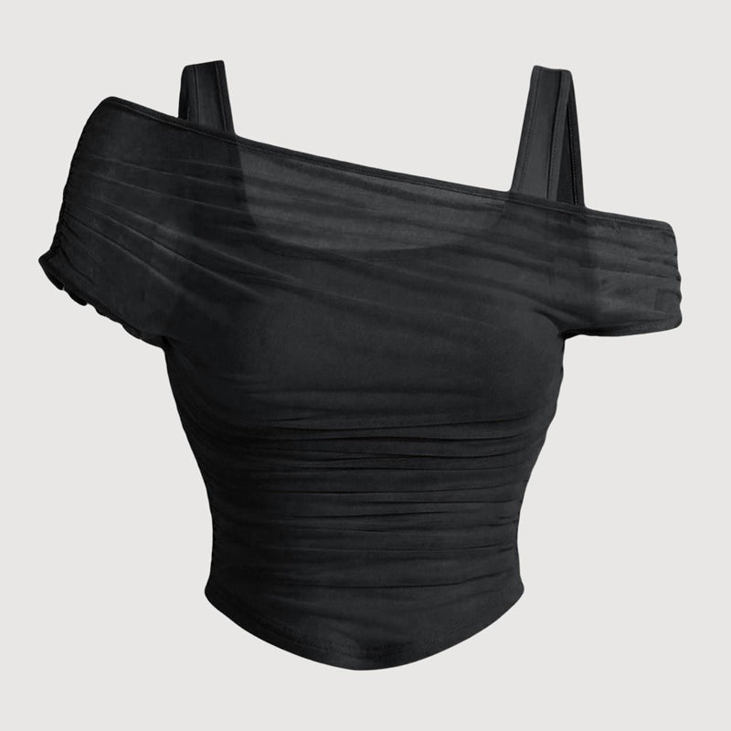 Asymmetrisches Ein-Schulter-Mesh-Top für Damen | Korsett-Saum für eine definierte Taille | Stretch &amp; atmungsaktiv | Für Dates &amp; Abendlooks