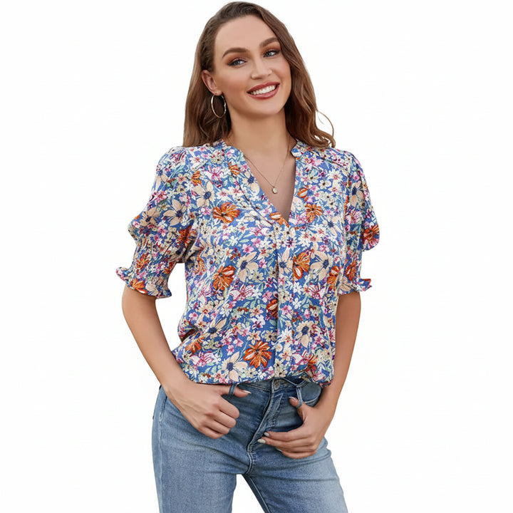 Damenbluse | Boho-Bluse mit V-Ausschnitt und Puffärmeln