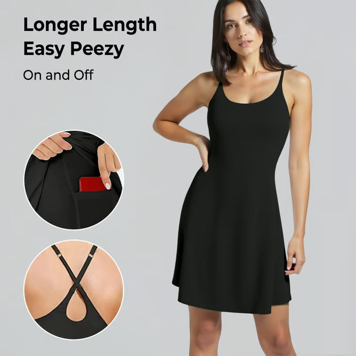 Damen Sportkleid mit Offenem Rücken &amp; Integrierter Shorts | 4-Wege-Stretch mit Taschen | Atmungsaktiv &amp; Figurbetonend | XS–4XL