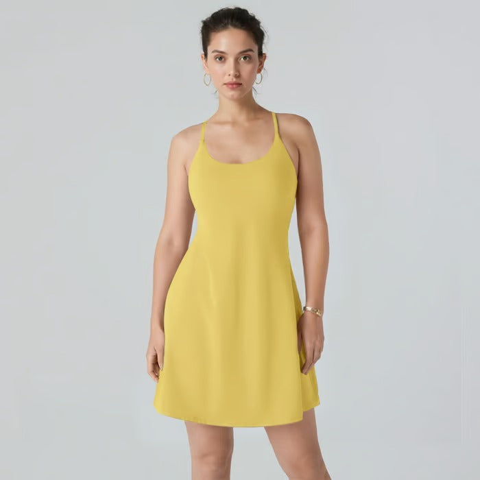 Damen Sportkleid mit Offenem Rücken &amp; Integrierter Shorts | 4-Wege-Stretch mit Taschen | Atmungsaktiv &amp; Figurbetonend | XS–4XL