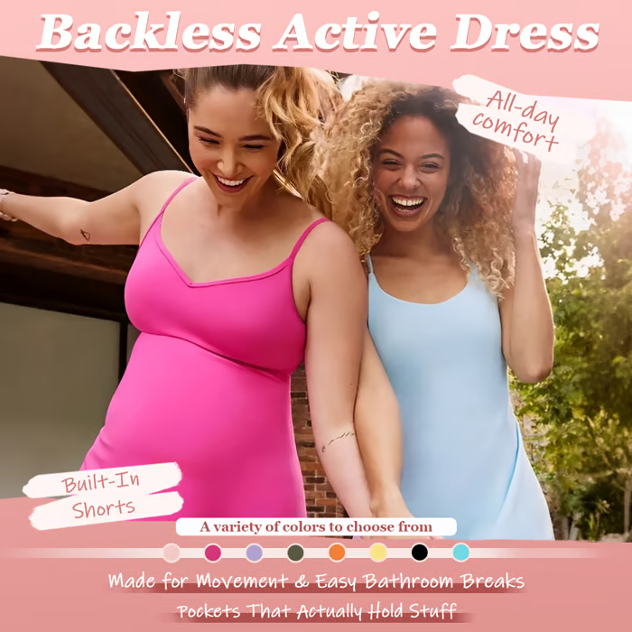 Damen Sportkleid mit Offenem Rücken &amp; Integrierter Shorts | 4-Wege-Stretch mit Taschen | Atmungsaktiv &amp; Figurbetonend | XS–4XL