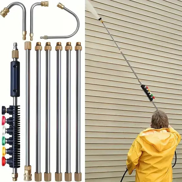 Teleskop-Hochdrucklanze 7,3 m Reichweite | Messing &amp; Edelstahl bis 4000 PSI/140°C | 0–40° Düsen farbcodiert + 10 O-Ringe