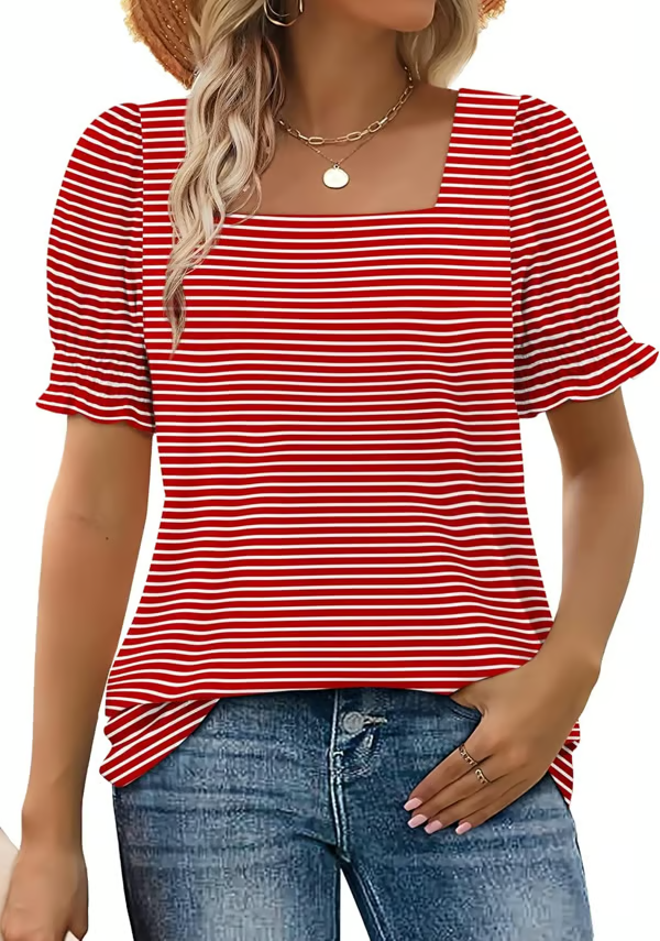 Damen Bluse mit Karree-Ausschnitt &amp; Gesmokten Ärmeln | Feminine Rüschen-Details | Luftig &amp; Elegant für Alltag und Freizeit