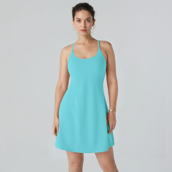 Damen Sportkleid mit Offenem Rücken &amp; Integrierter Shorts | 4-Wege-Stretch mit Taschen | Atmungsaktiv &amp; Figurbetonend | XS–4XL