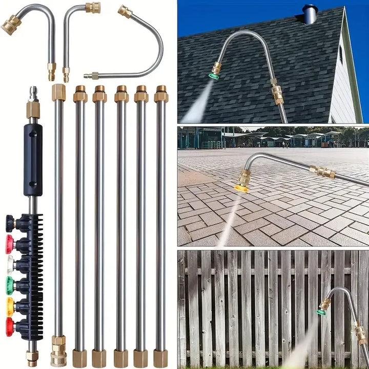 Teleskop-Hochdrucklanze 7,3 m Reichweite | Messing &amp; Edelstahl bis 4000 PSI/140°C | 0–40° Düsen farbcodiert + 10 O-Ringe