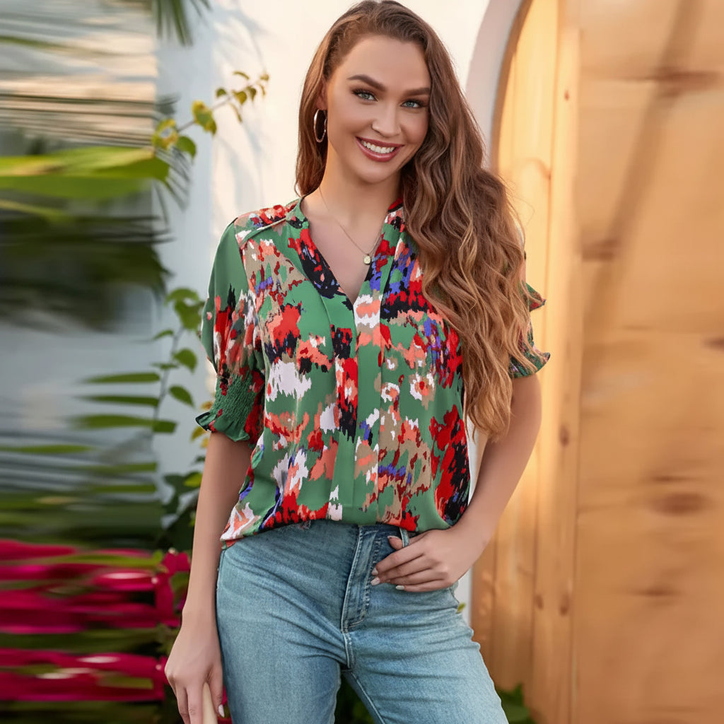 Damenbluse | Boho-Bluse mit V-Ausschnitt und Puffärmeln