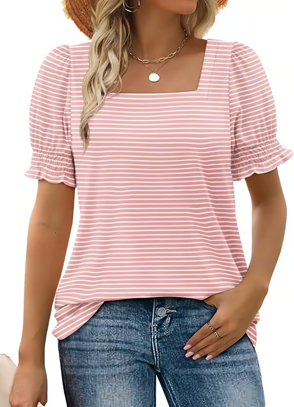 Damen Bluse mit Karree-Ausschnitt &amp; Gesmokten Ärmeln | Feminine Rüschen-Details | Luftig &amp; Elegant für Alltag und Freizeit