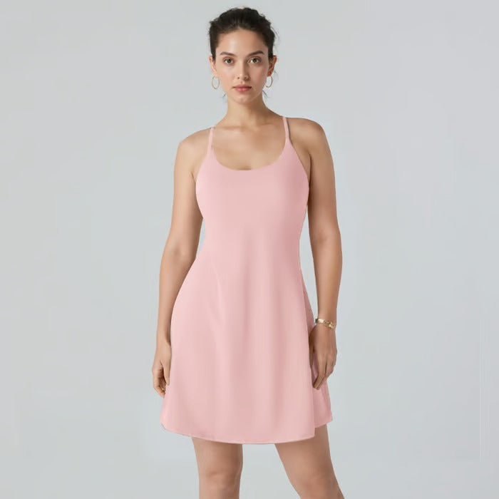 Damen Sportkleid mit Offenem Rücken &amp; Integrierter Shorts | 4-Wege-Stretch mit Taschen | Atmungsaktiv &amp; Figurbetonend | XS–4XL