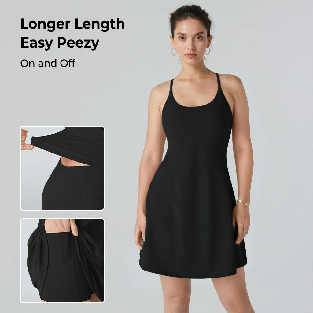 Damen Sportkleid mit Offenem Rücken &amp; Integrierter Shorts | 4-Wege-Stretch mit Taschen | Atmungsaktiv &amp; Figurbetonend | XS–4XL