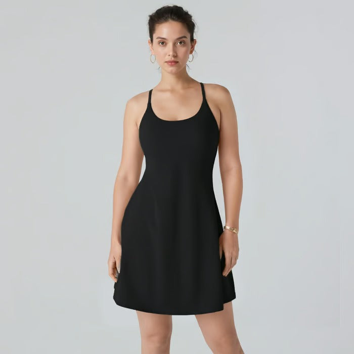 Damen Sportkleid mit Offenem Rücken &amp; Integrierter Shorts | 4-Wege-Stretch mit Taschen | Atmungsaktiv &amp; Figurbetonend | XS–4XL
