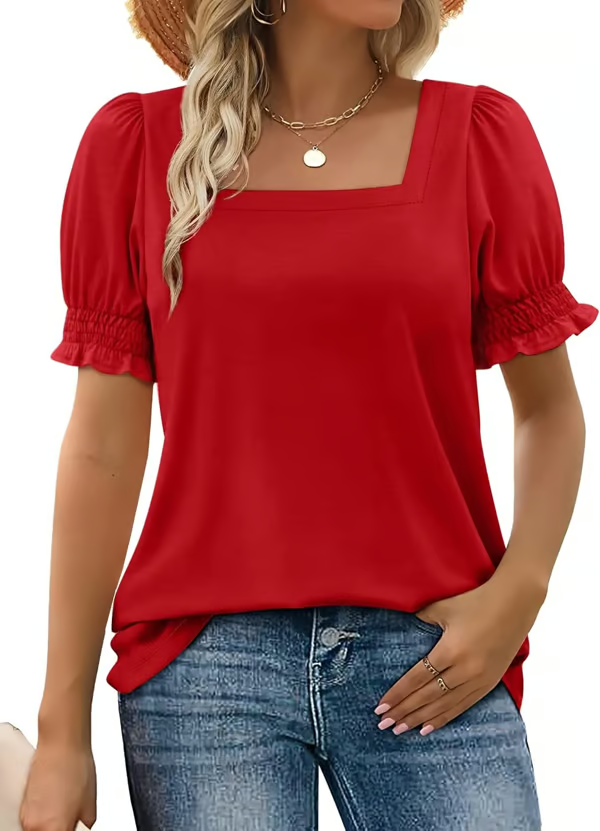 Damen Bluse mit Karree-Ausschnitt &amp; Gesmokten Ärmeln | Feminine Rüschen-Details | Luftig &amp; Elegant für Alltag und Freizeit