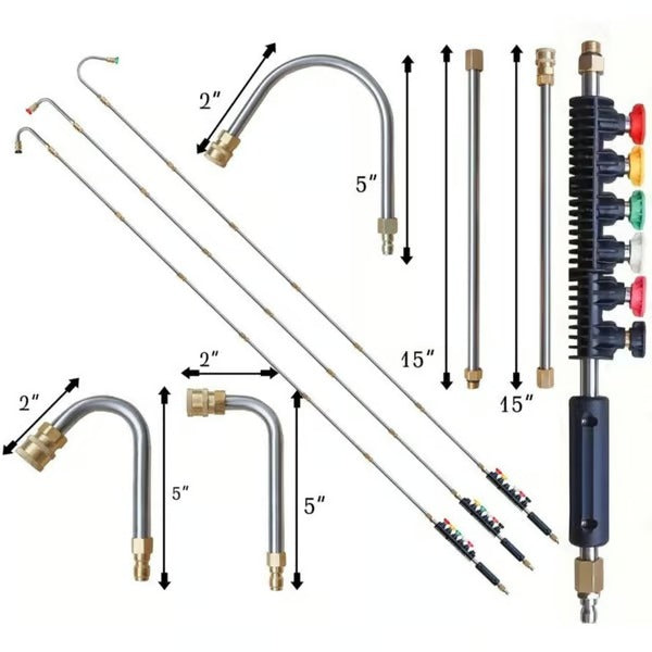 Teleskop-Hochdrucklanze 7,3 m Reichweite | Messing &amp; Edelstahl bis 4000 PSI/140°C | 0–40° Düsen farbcodiert + 10 O-Ringe