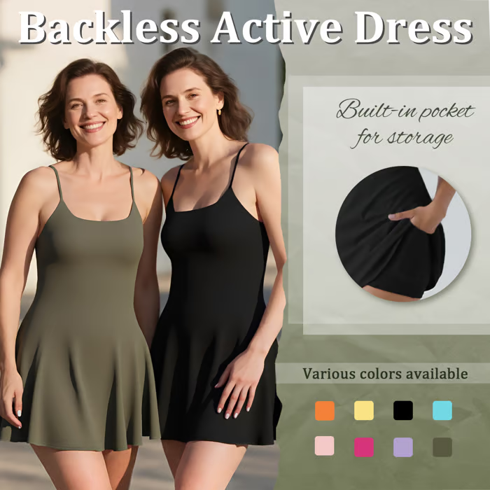 Damen Sportkleid mit Offenem Rücken &amp; Integrierter Shorts | 4-Wege-Stretch mit Taschen | Atmungsaktiv &amp; Figurbetonend | XS–4XL