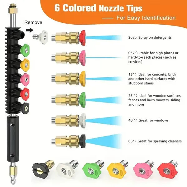Teleskop-Hochdrucklanze 7,3 m Reichweite | Messing &amp; Edelstahl bis 4000 PSI/140°C | 0–40° Düsen farbcodiert + 10 O-Ringe