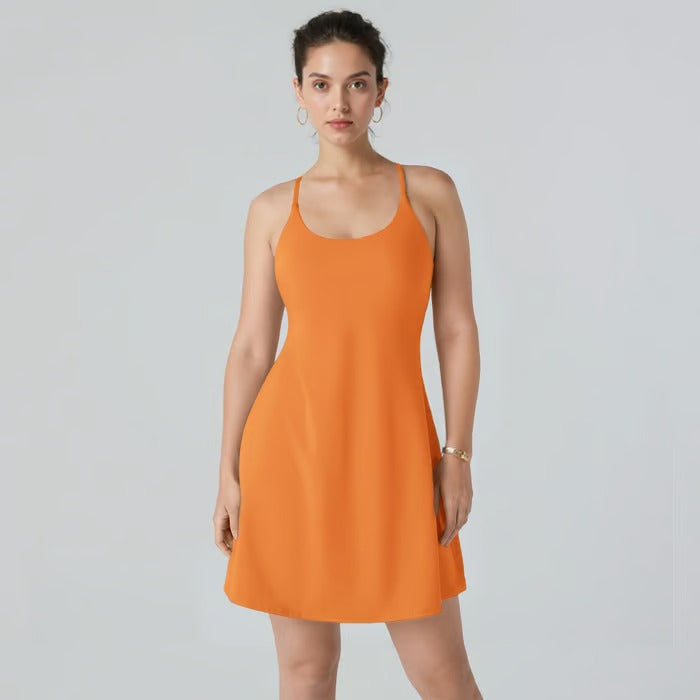 Damen Sportkleid mit Offenem Rücken &amp; Integrierter Shorts | 4-Wege-Stretch mit Taschen | Atmungsaktiv &amp; Figurbetonend | XS–4XL
