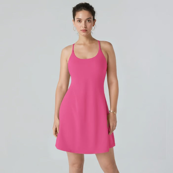 Damen Sportkleid mit Offenem Rücken &amp; Integrierter Shorts | 4-Wege-Stretch mit Taschen | Atmungsaktiv &amp; Figurbetonend | XS–4XL