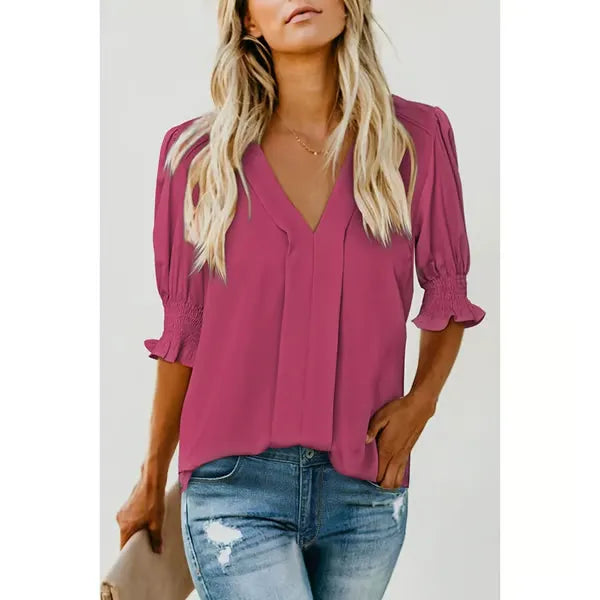 Damenbluse | Boho-Bluse mit V-Ausschnitt und Puffärmeln