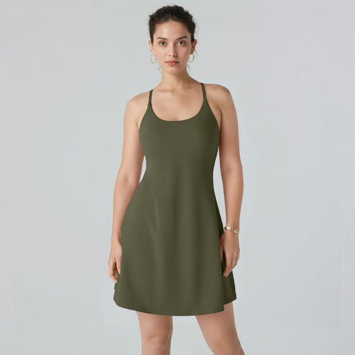 Damen Sportkleid mit Offenem Rücken &amp; Integrierter Shorts | 4-Wege-Stretch mit Taschen | Atmungsaktiv &amp; Figurbetonend | XS–4XL