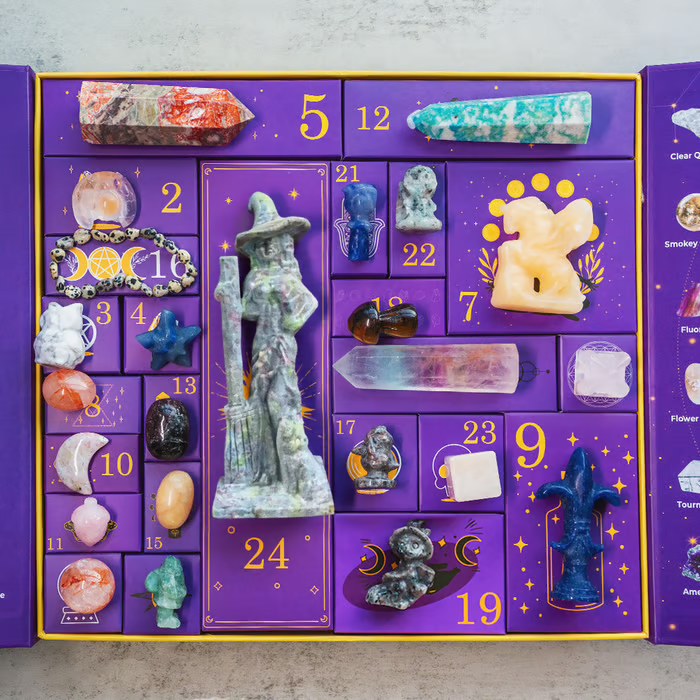 CrystalNight™ Halloween visszaszámláló doboz | 31 varázslatos éjszaka | drágakő adventi naptár és misztikus díszfigura