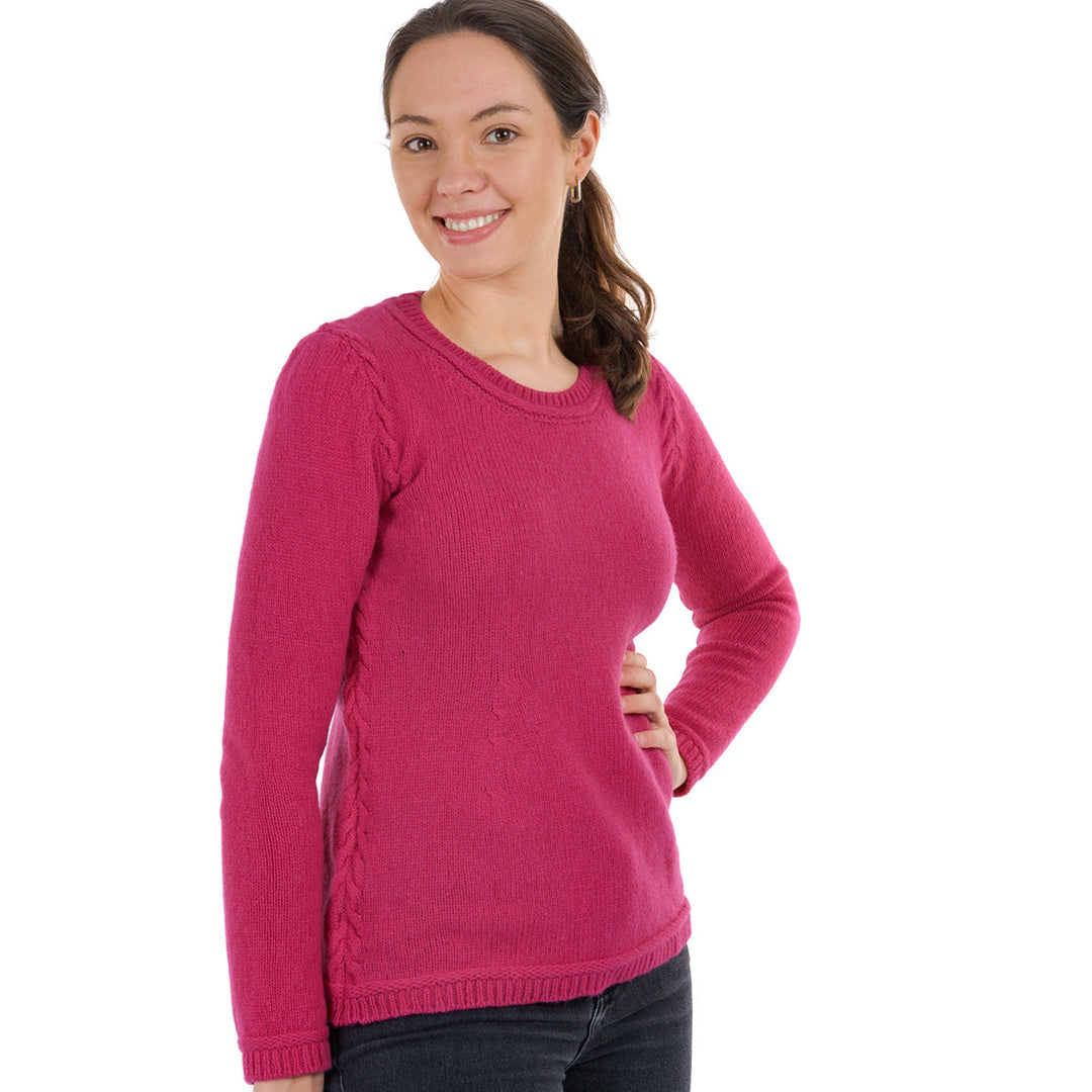 Damen Merinowollpullover | Rundhalspullover mit feinem Strick und Zopfmuster an den Ärmeln